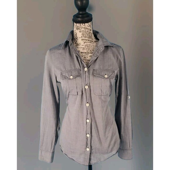 J. Crew Xs Button Front Shirt Chambray Lightweight Cotton Roll Tab Sleeve Blue - Picture 3 of 10